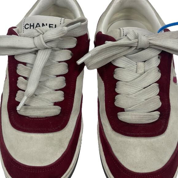 Chanel CC Logo Suede Kidskin Lace Up Sneakers Burgundy 2023 Size 36.5 - Picture 6 of 13